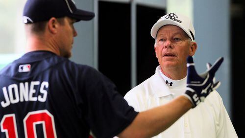 Chipper Jones (left) chats with his father, Larry Jones, during batting practice  at the Braves' spring training facility