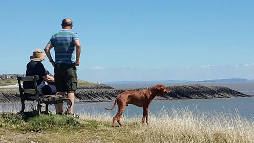 A couple enjoys the view from a walking path along the coast of Wales, while their dog enjoys the breeze. (photo courtesy David Dickinson)