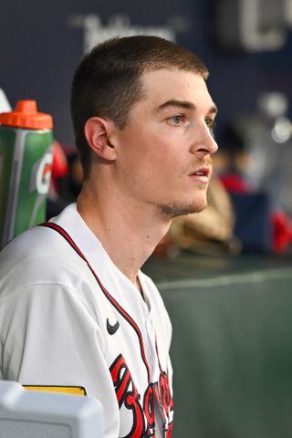 Atlanta Braves starting pitcher Max Fried (54) watches from the dugout during the third inning of NLDS Game 2 against the Philadelphia Phillies in Atlanta on Monday, Oct. 9, 2023.   (Hyosub Shin / Hyosub.Shin@ajc.com)