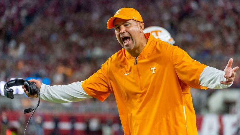 Tennessee head coach Jeremy Pruitt yells at the officials during a game against Alabama Oct. 19, 2019, in Tuscaloosa, Ala. Tennessee fired Pruitt Monday, Jan. 18, 2021. (Vasha Hunt/AP)