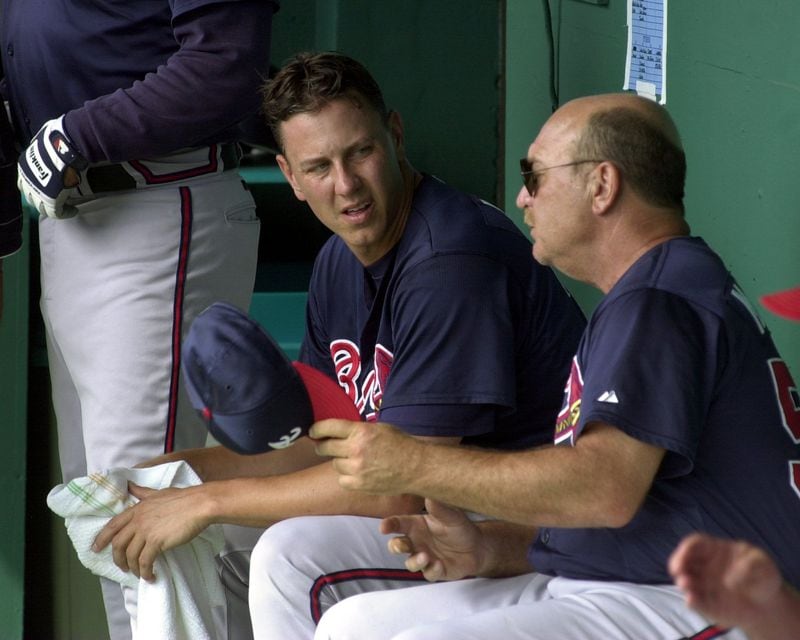 Steve Avery and Leo Mazzone in the Braves dugout from the 1990s.