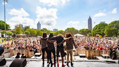 Dirty Honey performs on the third and final day of this year's Shaky Knees Festival on Sunday, May 1, 2022, at Central Park in Atlanta. (Photo by Ryan Fleisher for The Atlanta Journal-Constitution)