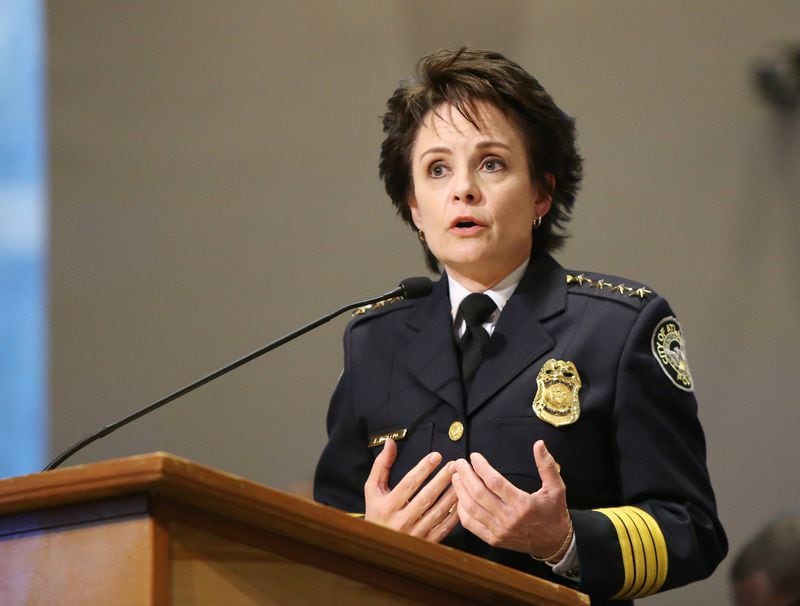 Chief Erika Shields speaks at a town hall meeting at Cascade United Methodist Church in Atlanta on March 19, 2019. EMILY HANEY / emily.haney@ajc.com