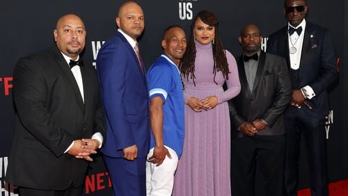 "When They See Us" director Ava DuVernay (center) with Kevin Richardson, Antron Mccray, Raymond Santana Jr., Korey Wise and Yusef Salaam, collectively known as the Central Park Five. (Photo by Dimitrios Kambouris/Getty Images)
