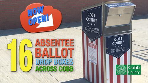 Cobb County residents, who are eligible to vote, may apply for absentee ballots and drop them 24/7 in one of 16 Cobb drop boxes until 7 p.m. Nov. 3.