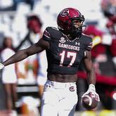 FILE - South Carolina wide receiver Xavier Legette (17) looks for his teammates after a 65-yard touchdown reception during the second half of an NCAA college football game against Jacksonville State on Saturday, Nov. 4, 2023, in Columbia, S.C. South Carolina's best playmakers on offense the past two years are all gone, meaning this spring is a search for consistency and production from an attack that had its struggles last season. With Spencer Rattler and Legette awaiting NFL draft picks — Legette a likely first-rounder, Rattler a mid-round choice — it's up to inexperienced newcomers and transfers to push the Gamecocks forward. (AP Photo/Artie Walker Jr., File)