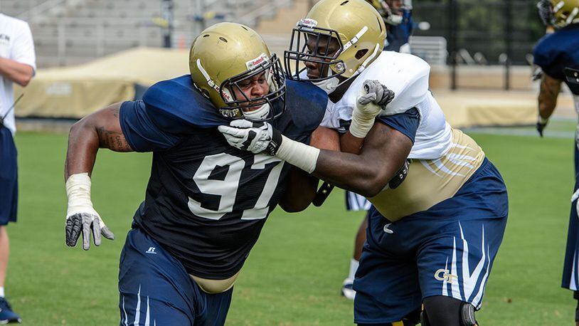 Eating well and working out helped Georgia Tech senior nose tackle Shawn Green report to preseason camp in great shape. The past three seasons Green was plagued by various injuries. Here he puts a move on Yellow Jackets center Freddie Burden during a preseason practice. (Photo courtesy of Georgia Tech athletics) Georgia Tech nose tackle Shawn Green missed several days in the preseason with an injury, but has evidently made it to the season healthy, a positive development for the Yellow Jackets. (GEORGIA TECH/DANNY KARNIK)