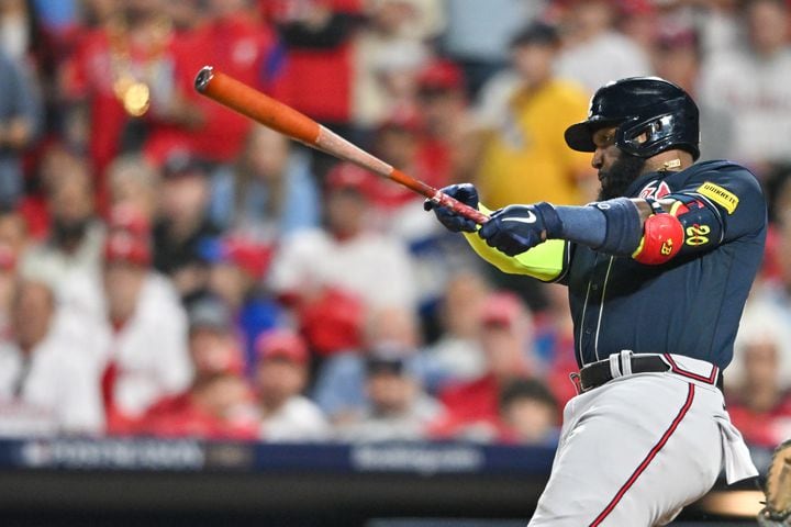 Atlanta Braves’ Marcell Ozuna (20) hits a single against the Philadelphia Phillies during the sixth inning of NLDS Game 3 in Philadelphia on Wednesday, Oct. 11, 2023.   (Hyosub Shin / Hyosub.Shin@ajc.com)