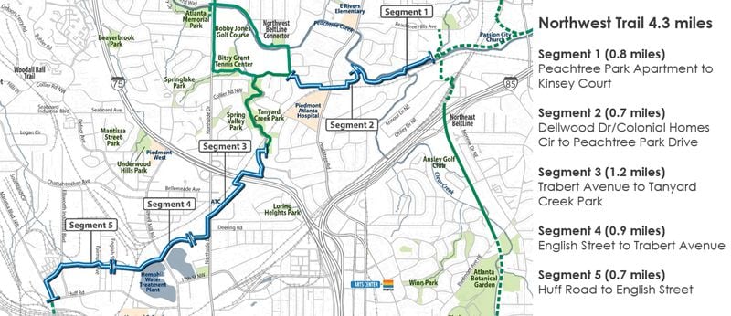 The full map of preferred corridors for the Beltline's Northwest Trail. The portion noted here as "Segment 2" was just selected as the prioritized path for that stretch of the Beltline.