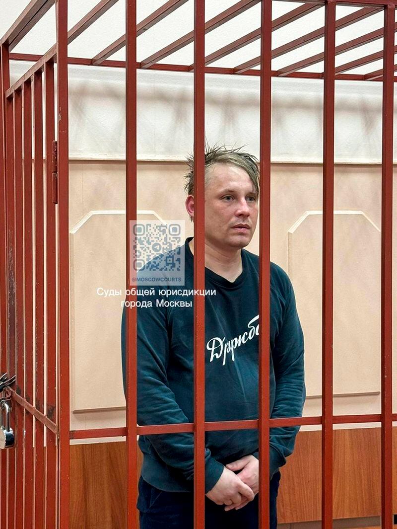 In this photo released by Basmanny District Court press service, Russian journalist Konstantin Gabov attends a hearing at a court in Moscow on Saturday, April 27, 2024, after his arrest on “extremism” charges, which he denied. (Basmanny District Court press service via AP)