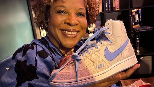 Best-selling author and Spelman College alumna Tayari Jones, shows off her new pair of Nike Terminators, designed with the all-Black female HBCU in mind.