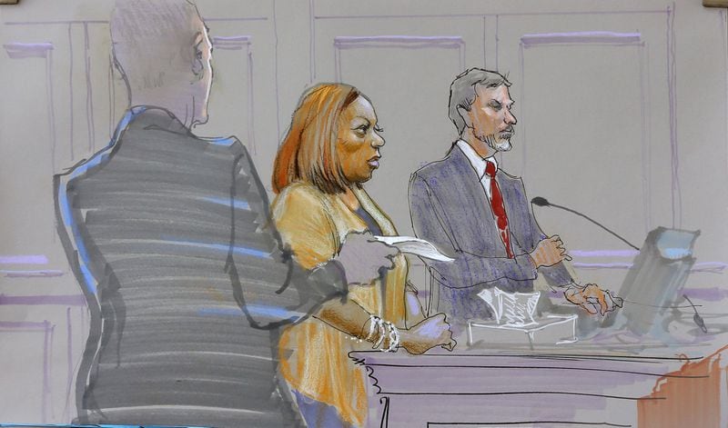 Katrina Taylor-Parks pleaded guilty to accepting $4,000 in bribes in Atlanta federal court Wednesday. Courtroom drawing by Richard Miller