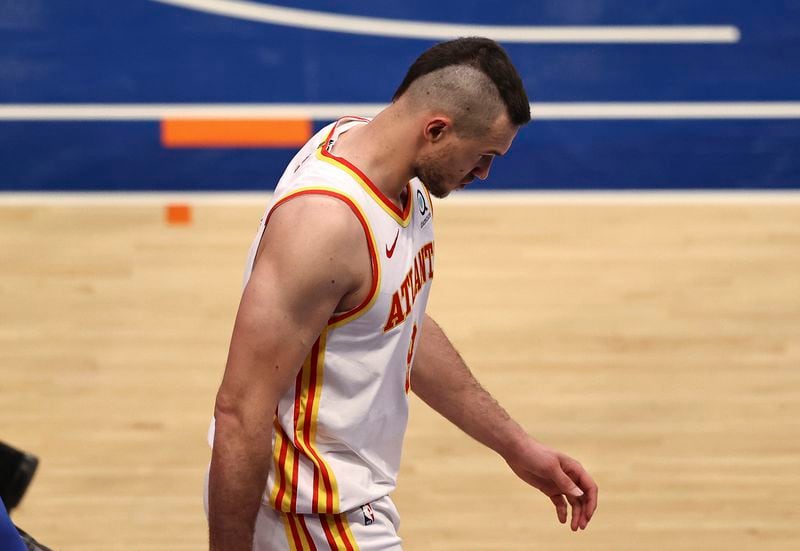Atlanta Hawks' Danilo Gallinari walks off the court after the team's 101-92 loss to the New York Knicks in Game 2 in an NBA basketball first-round playoff series Wednesday, May 26, 2021, in New York. (Elsa/Pool Photo via AP)