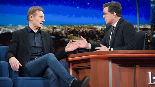 Stephen Colbert and guest Liam Neeson during "The Late Show With Stephen Colbert" in New York on Dec. 16, 2016.