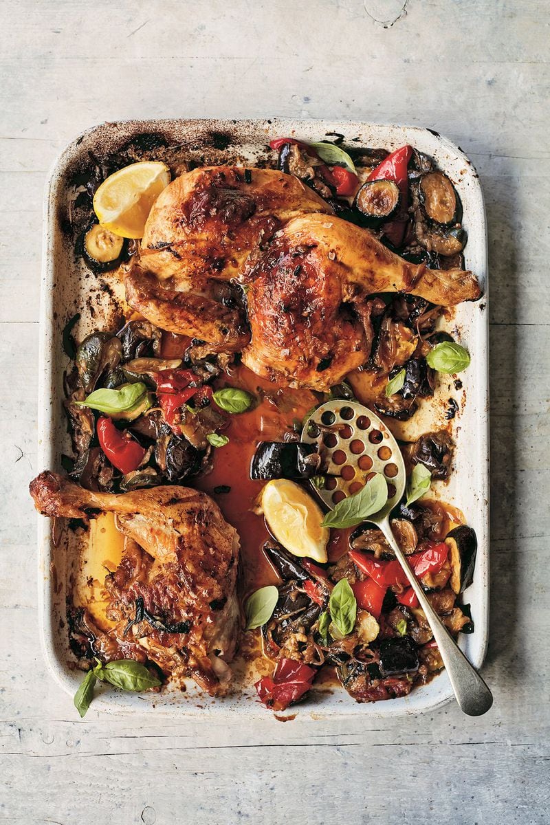 Ratatouille Sheet-Pan Chicken is Melissa Clark’s sheet-pan interpretation of a French classic. The recipe is from her latest book, “Dinner in French: My Recipes by Way of France” (Potter, $37.50). CONTRIBUTED BY LAURA EDWARDS