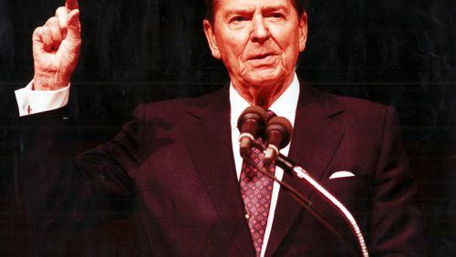 Feb. 10, 1990 - Former President Ronald Reagan address a crowd during the 1990 President's Day luncheon Saturday at the Georgia World Congress Center. (Wilfredo Lee/Special)