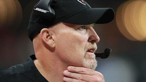 Falcons head coach Dan Quinn evaluates his players during the second half against the Kansas City Chiefs Friday, Aug. 17, 2018, at Mercedes-Benz Stadium in Atlanta.
