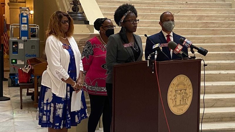 State Rep. Jasmine Clark, D-Lilburn, speaks during a Sept. 13, 2021 news conference at the Georgia state Capitol. Clark and others want Georgia's public colleges and universities to have greater decision-making authority for COVID-19 mitigation efforts. ERIC STIRGUS/ERIC.STIRGUS@AJC.COM.