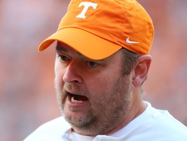 Tennessee head football coach Josh Heupel reacts during a 38-10 loss to Georgia in a NCAA college football game on Saturday, Nov. 18, 2023, in Knoxville.  Curtis Compton for the Atlanta Journal Constitution