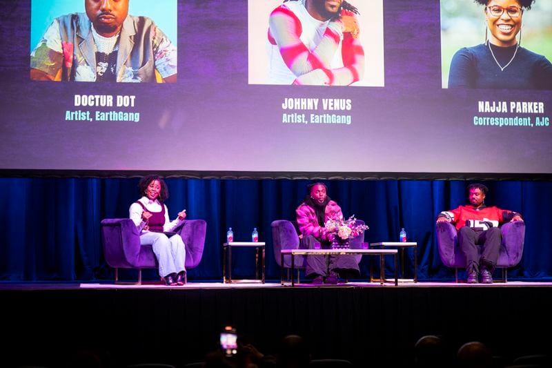 The Atlanta Journal-Constitution's Najja Parker in a conversation with EarthGang's Johnny Venus and Doctur Dot at Center Stage on Nov. 2, 2023. The day of panel discussions and interviews preceded the premiere of the AJC's first full-length documentary "The South Got Something to Say."