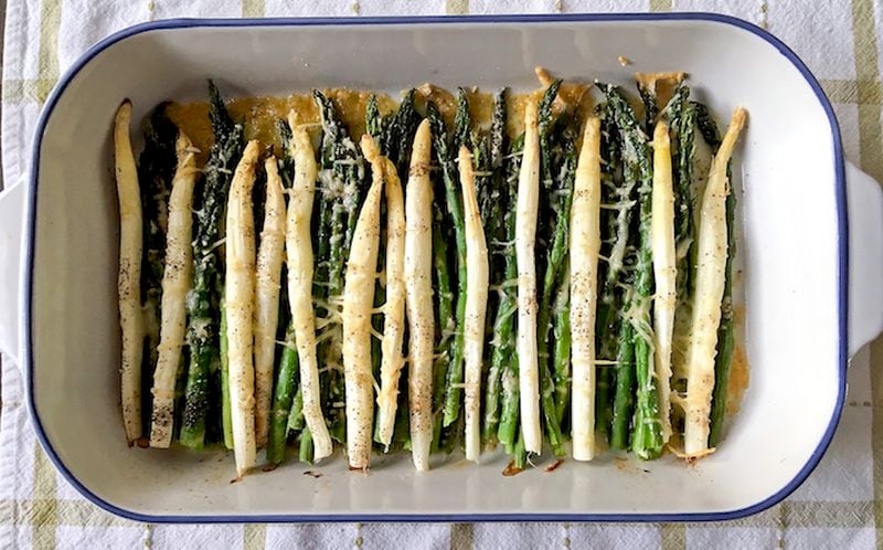 Roasted white and green asparagus with parmesan and romano. (Karen Kane/PIttsburgh Post-Gazette/TNS)