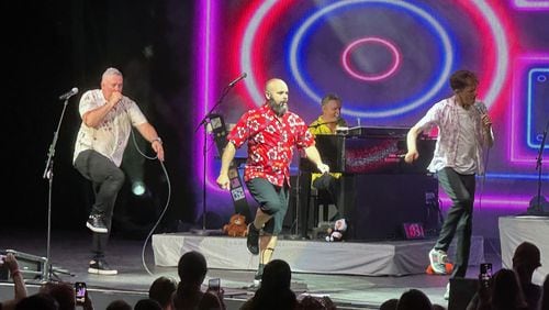 The Barenaked Ladies show off their sick dance moves near the end of their Atlanta concert at Chastain June 20, 2023. RODNEY HO/rho@ajc.com