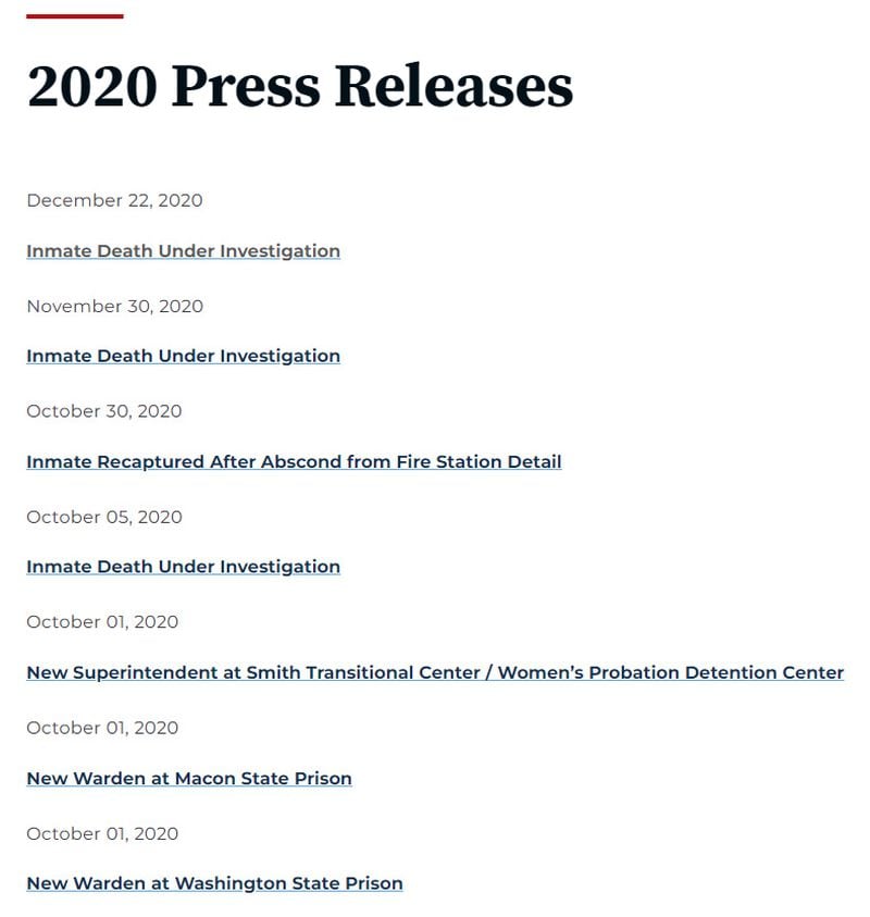 This list of news releases from the Georgia Department of Corrections in 2020 includes news on inmate death investigations. Since 2021, the GDC no longer issues news releases on deaths that are under investigation as possible homicides and the public doesn't learn of them unless word gets out another way. (Georgia Department of Corrections)