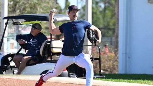Atlanta Braves starting pitcher Spencer Strider throws a ball on the first of the Braves pitchers and catchers report to spring training at CoolToday Park, Monday, Feb. 13, 2023, in North Port, Fla.. (Hyosub Shin / Hyosub.Shin@ajc.com)