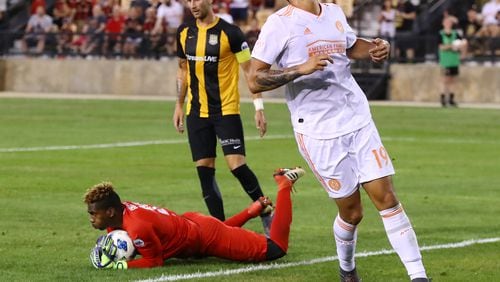 June 6, 2018 Kennesaw: Atlanta United forward Brandon Vazquez reacts to having his shot blocked by Charleston Battery goalkeeper Odisnel Cooper during the second half in a U.S. Open Cup match on Wednesday, June 6, 2018, in Kennesaw.  Curtis Compton/ccompton@ajc.com