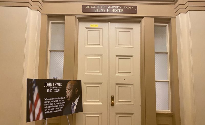 U.S. House Majority Leader Steny Hoyer (D-Md.) placed a placard like this one in front of his office at the Capitol after John Lewis' death. The original placard was destroyed during the Jan. 6 insurrection, but Hoyer had it remade and replaced. The tribute includes a "good trouble" quote from Lewis. (Office of House Majority Leader Steny Hoyer)