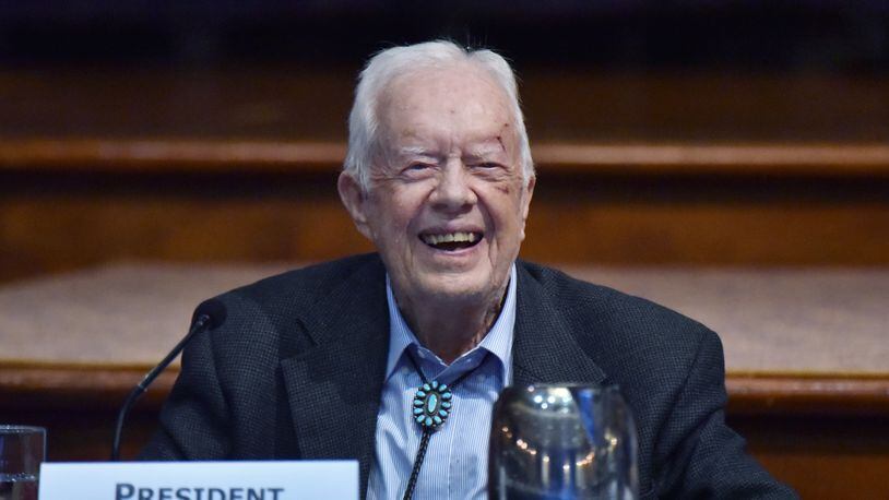 October 15, 2019 Atlanta - Former President Jimmy Carter reacts as he listens to a speaker during the12th Human Rights Defenders Forum at the Carter Center on Tuesday, October 15, 2019.  (Hyosub Shin / Hyosub.Shin@ajc.com)