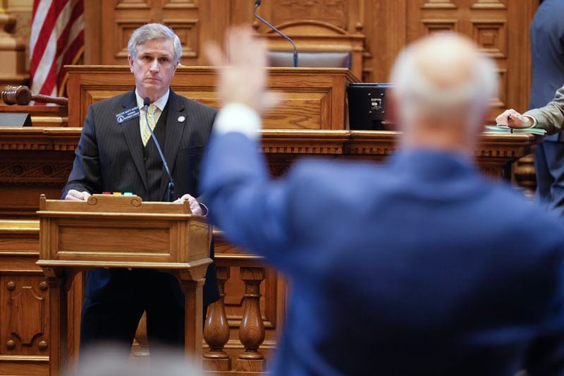 Sen. Marty Harbin (R-Tyrone) listens to a question from Sen. Brandon Beach (R-Alpharetta) after speaking in opposition of SB 57 which would legalize sports betting on day 27 of the legislative session on Thursday, March 2,  2023. (Natrice Miller/ Natrice.miller@ajc.com)