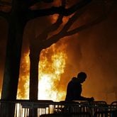 Demonstrators protesting a scheduled campus speaking appearance by Breitbart News editor Milo Yiannopoulos set a fire on Sproul Plaza at the University of California Berkeley campus in 2017.  (AP Photo/Ben Margot, File)