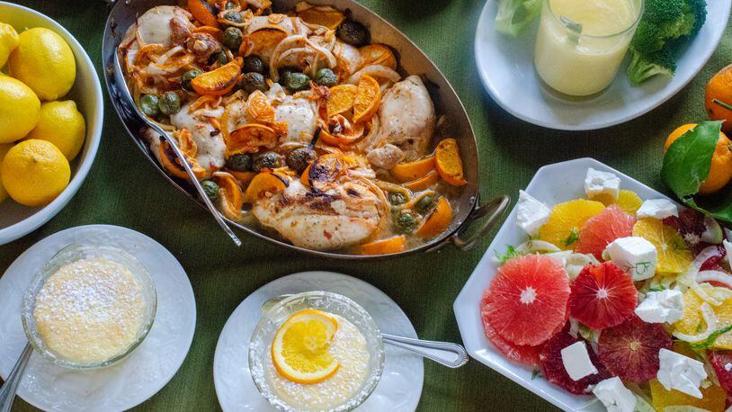 Big, bold, bright flavors will put some zest in your cooking with recipes for (clockwise, from upper left) Spicy Chicken with Clementines, Whole Meyer Lemon Dressing, Mixed Citrus Salad with Fennel and Feta, and Citrus Pudding Cakes. (Virginia Willis for The Atlanta Journal-Constitution)