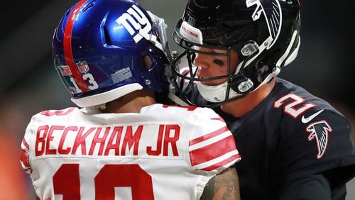 Atlanta Falcons quarterback Matt Ryan and New York Giants wide receiver Odell Beckham Jr. give each other a hug on the field before facing off in a NFL football game on Monday, Oct 22, 2018, in Atlanta.   Curtis Compton/ccompton@ajc.com