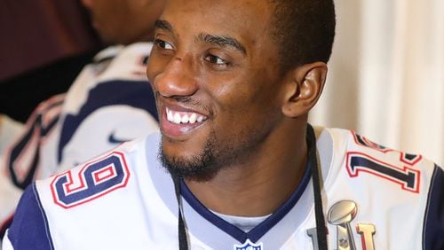 Patriots wide receiver Malcolm Mitchell, a rookie from the University of Georgia, smiles at a question during Super Bowl media availability in Houston. Curtis Compton/ccompton@ajc.com