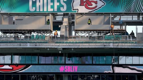 Workers prepare Hard Rock Stadium Stadium in Miami Gardens, Fla., on Tuesday, Jan. 21, 2020, in anticipation of Super Bowl LIV, featuring the Kansas City Chiefs against the San Francisco 49ers on February 2, 2020. (Mike Stocker/Sun Sentinel/TNS)