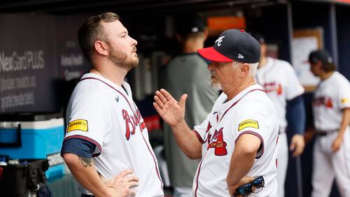 Atlanta Braves pitching coach Rick Kranitz (right)speaks with Tyler Matzek after the reliever gave up three runs during the eighth inning at Truist Park on Thursday, April 11, 2024. The Braves lost to the Mets 16-4. 
Miguel Martinez / miguel.martinezjimenez@ajc.com 