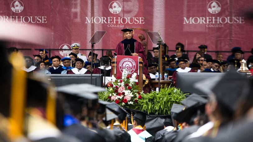 Wes Moore, governor of Maryland and recipient of an honorary doctor of laws, speaks during the Morehouse College commencement ceremony on Sunday, May 21, 2023, on Century Campus in Atlanta. The graduation marked Morehouse College's 139th commencement program. CHRISTINA MATACOTTA FOR THE ATLANTA JOURNAL-CONSTITUTION