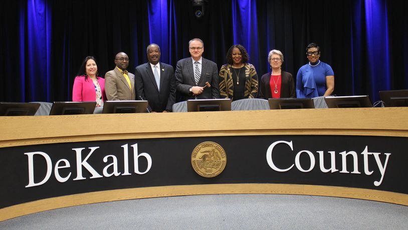 Members of the DeKalb County Commission pose for a photo after a meeting in January 2019. (TIA MITCHELL/TIA.MITCHELL@AJC.COM)