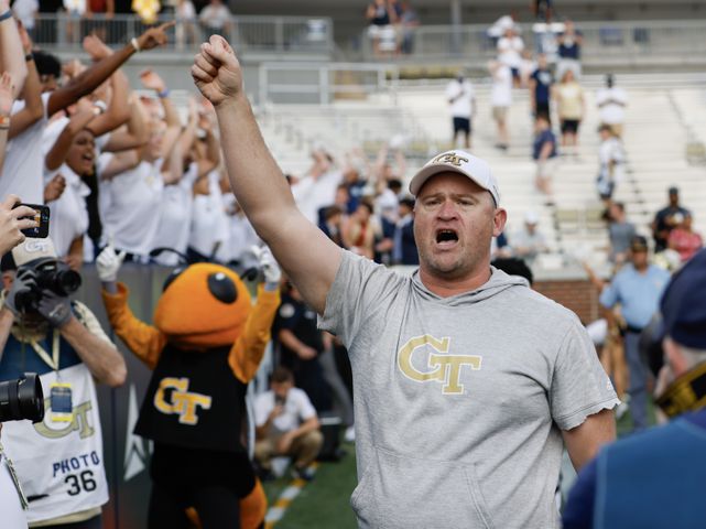 Georgia Tech Yellow Jackets head coach Brent Key celebrates his team's victory against South Carolina State at Bobby Dodd Stadium in Atlanta on Saturday, September 9, 2023.   Tech won 48-13.  (Bob Andres for the Atlanta Journal Constitution)