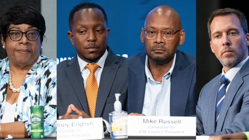 The candidates for Atlanta City Council president at a recent forum. From left, Natalyn Archibong, Courtney English, Mike Russell and Doug Shipman.