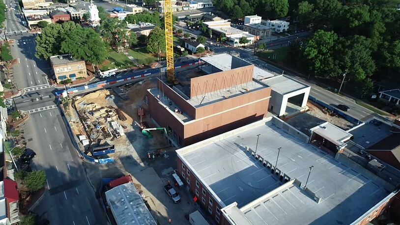 Lawrenceville’s $31 million Performing Arts Center, that includes the soon-to-be expanded home of the Aurora Theatre, is beginning to take shape in downtown. (Courtesy Aurora Theatre)