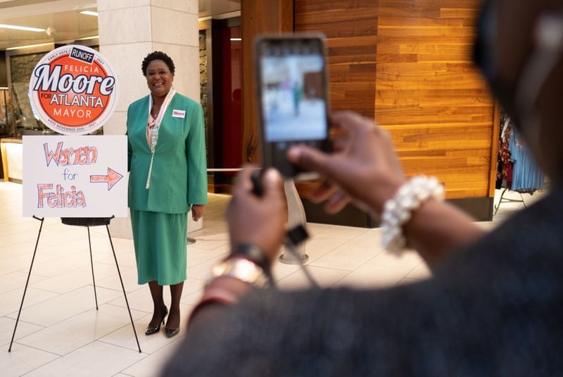 Atlanta Mayoral candidate Felicia Moore poses for a photo while arriving in downtown Atlanta for a women’s rally Saturday afternoon, Nov. 20, 2021. Ben Gray for the Atlanta Journal-Constitution