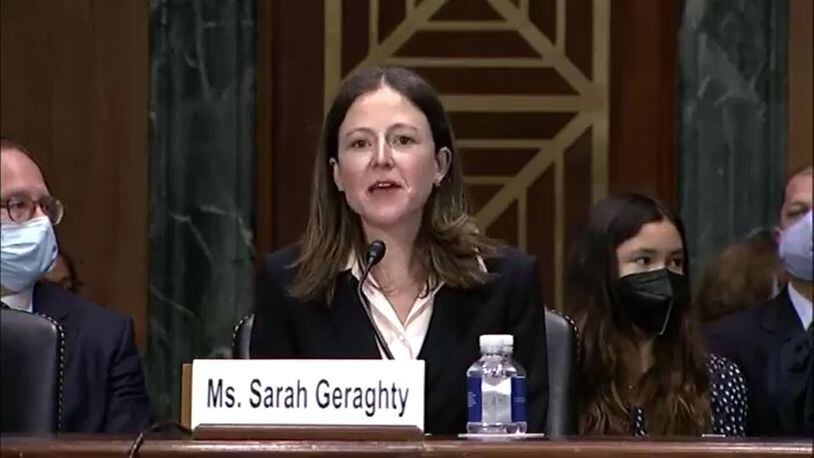 Sarah Elisabeth Geraghty, a nominee for U.S. District Judge for the Northern District of Georgia, speaks at a Senate Judiciary Committee nomination hearing on Dec. 1, 2021. (YouTube)