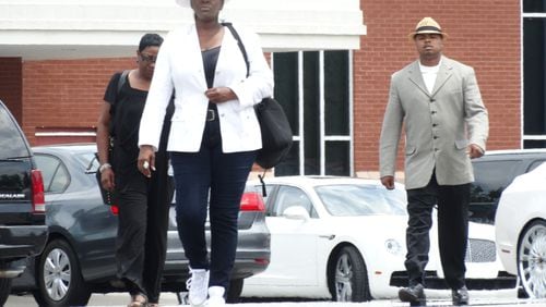 Leolah, Bobby Brown's sister, walked out during Pat Houston's memorial at Bobbi Kristina's funeral, talked to the press, then returned. CREDIT: Rodney Ho/rho@ajc.com