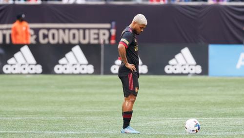 Atlanta United forward Josef Martinez looks down to the ball on the midfield after New York City FC scored the second goal on Sunday. Atlanta United dropped the season finale with a loss 2-1 against New York City FC at Mercedes-Benz Stadium on Sunday. Miguel Martinez / miguel.martinezjimenez@ajc.com