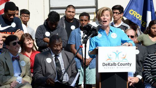 May 25, 2016 BROOKHAVEN Allyson Gevertz, co-founder of the Parent Councils United group gives remarks. DeKalb school superintendent Stephen Green, members of the DeKalb school board, students and supporters of the E-Splost gather during a press conference at Cross Keys High School to celebrate the measure's passage Wednesday, May 25, 2016. The school sales tax is expected to bring in an estimated $500 million, with plans to use the money to address overcrowded schools and renovations to several outdated schools. KENT D. JOHNSON/kdjohnson@ajc.com