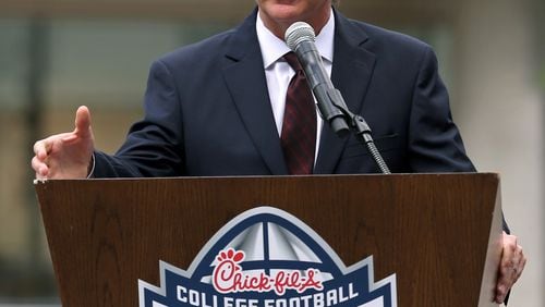 Dennis Adamovich, CEO of the College Football Hall of Fame,  speaks during a ceremony unveiling Chick-fil-A’s title sponsorship of the facility in May 2018.