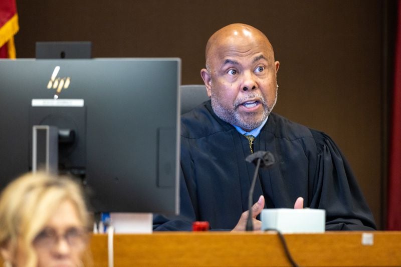 Judge Ural Glanville speaks to a juror during proceedings for the “Young Slime Life” gang trial in Atlanta on Monday, October 23, 2023. (Arvin Temkar / arvin.temkar@ajc.com)